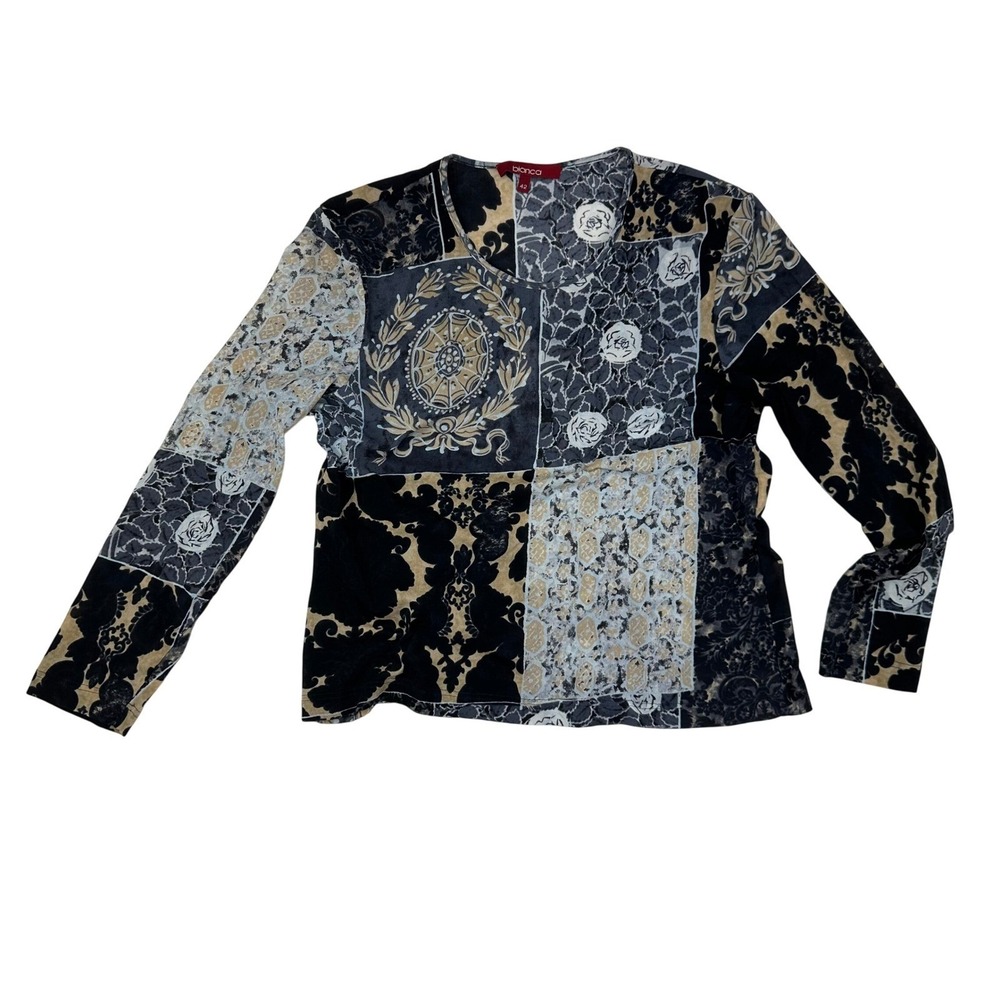 Bianca Patchwork Floral Top Womens‎ 12 Black Beige Rose Y2K Long Sleeve Blouse